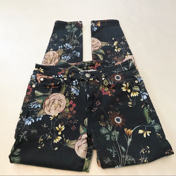 7 For All Mankind Denim - 7FAM black floral print skinny jeans 28